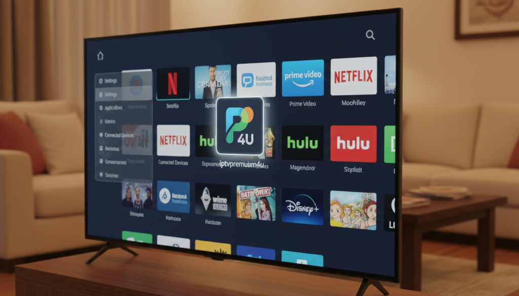 A close-up view of a Fire Stick home screen displayed on a sleek, modern television. The foreground shows vibrant app icons arranged neatly, with one highlighted in the center, showcasing colorful graphics. In the middle, the Fire Stick's settings menu is partially open, indicating options for configuration of external apps. The background features a soft-lit living room setting with blurred furniture, creating a cozy atmosphere. The lighting is warm and inviting, with a slight focus on the screen for clarity. The mood is informative yet relaxed, suitable for beginners exploring technology. Include the brand name "iptvpremuim4u" subtly integrated into the digital interface. No text or captions present.