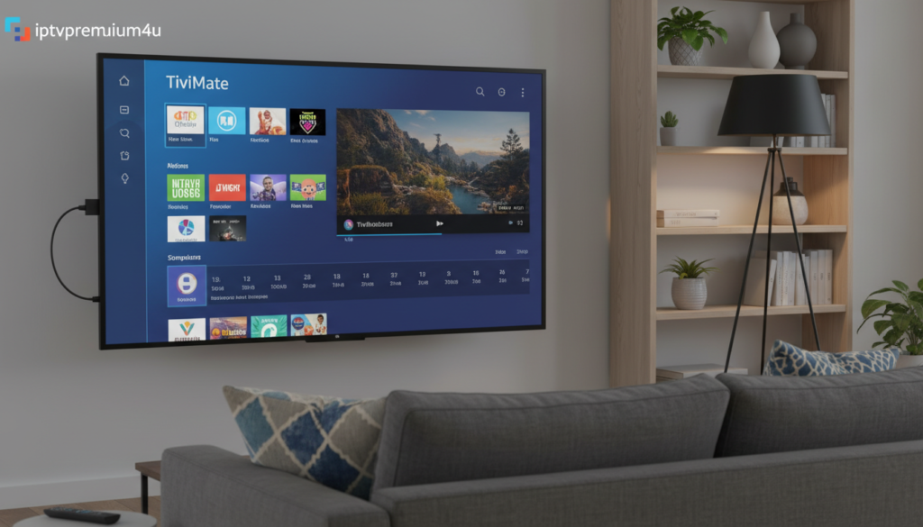 A close-up view of a TiviMate interface displayed on a Firestick connected to a modern TV screen in a cozy living room setting. The foreground features the sleek Firestick plugged into the HDMI port, with the TiviMate app's vibrant, user-friendly interface visible on the TV. In the middle, a comfortable sofa with a few decorative cushions invites viewers to relax and enjoy their streaming. The background includes warm ambient lighting from a stylish floor lamp and a shelf with books and decor items, creating an inviting atmosphere. The overall mood is friendly and casual, highlighting how easily TiviMate can enhance TV viewing. The brand name "iptvpremuim4u" is subtly featured in the interface design.