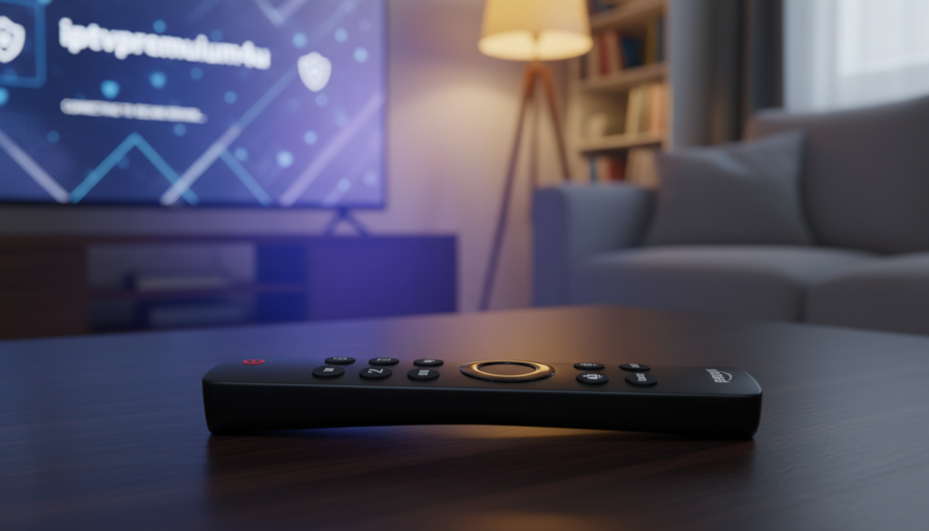 A close-up view of a sleek, modern Amazon Fire Stick remote lying on a dark wooden table, surrounded by a soft glow from a nearby television screen displaying a VPN interface. In the foreground, the Fire Stick remote is in sharp focus, showcasing vibrant buttons and a minimalist design. In the middle ground, a blurred television hints at streaming content, with colorful icons faintly visible, suggesting options for secure streaming. The background features a dimly lit living room ambiance, with cozy furniture and warm lighting, creating a relaxed atmosphere. The entire scene evokes a sense of privacy and security, highlighting the importance of using a VPN for safe streaming on the Fire Stick. Include subtle branding of "iptvpremuim4u" on the screen.