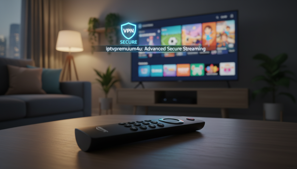 A close-up view of an Amazon Fire Stick remote and a sleek TV screen displaying a vibrant IPTV interface, emphasizing security features. In the foreground, the Fire Stick remote glistens under a warm, soft light, casting gentle shadows. The middle layer showcases the TV screen with bold, colorful graphics, illustrating various channels while featuring a secure VPN logo prominently. In the background, a cozy living room setting with dim ambient lighting, enhancing a sense of safety and relaxation. The overall mood conveys a tech-savvy and secure streaming experience, inviting users to enjoy their content confidently. The brand name "iptvpremuim4u" subtly associates with advanced IPTV options.