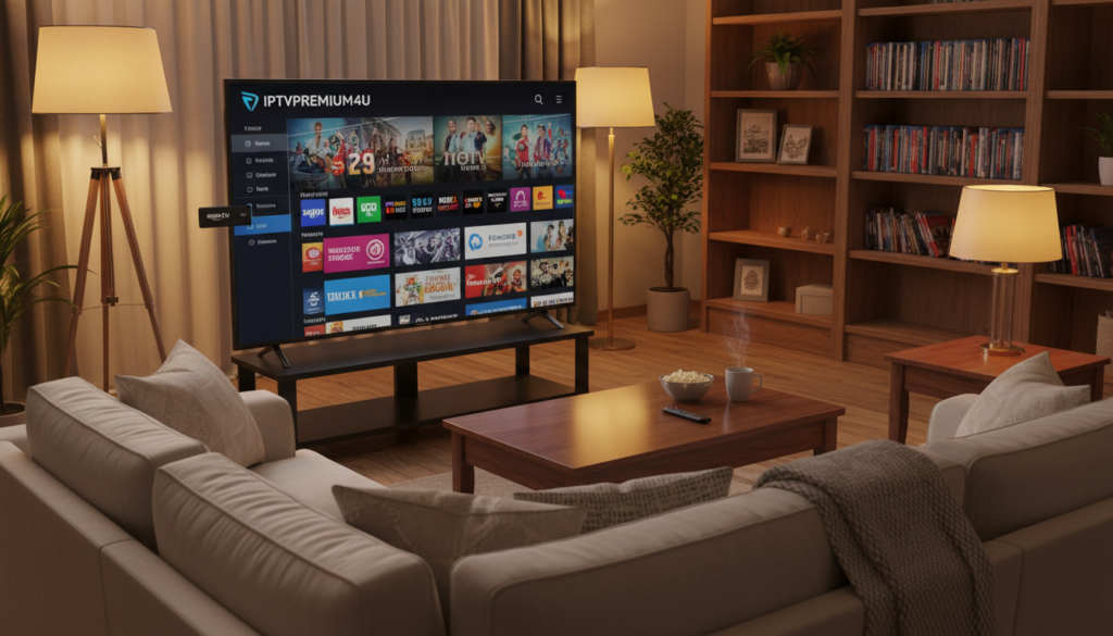 A cozy living room scene featuring a modern flat-screen TV displaying the iptvpremium4u streaming interface, showcasing a vibrant selection of channels. In the foreground, a sleek Amazon Fire Stick is plugged into the TV, with the remote prominently placed beside a stylish coffee table. Soft ambient lighting creates a warm atmosphere, highlighting plush seating and a bookshelf filled with movies and games in the background. The angle is slightly downward, focusing on the TV screen and Fire Stick, giving a clean and inviting look. The overall mood should be one of comfort and convenience, emphasizing the ease of enjoying quality entertainment with iptvpremium4u.