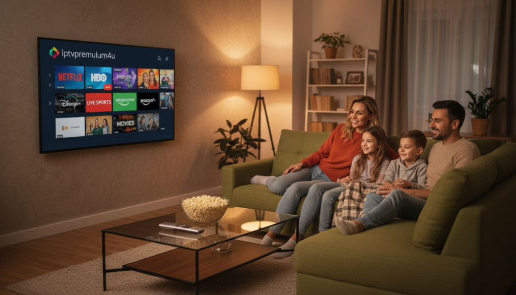 A cozy living room scene showcasing a modern IPTV streaming setup. In the foreground, a sleek TV displaying the "iptvpremuim4u" interface featuring vibrant thumbnails of popular channels. A stylish remote control rests on a glass coffee table beside a bowl of popcorn. In the middle, a comfortable sofa occupied by a casually dressed family enjoying a movie night, their expressions reflecting joy and engagement. The background features a softly lit room with warm ambient lighting from a lamp, enhancing a relaxing atmosphere. Use a wide-angle lens to capture the full sense of space, and focus on warm color tones that create a welcoming mood, symbolizing the benefits of IPTV services for family entertainment.
