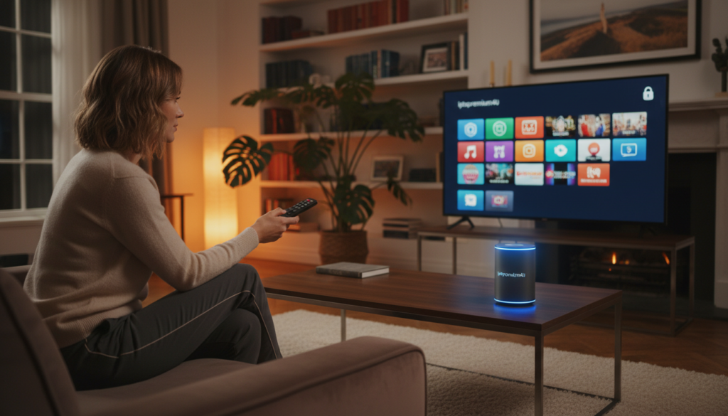 A cozy living room scene where a person is streaming content on a large TV using a Firestick. In the foreground, a person dressed in comfortable yet professional attire, sitting on a stylish couch with a remote in hand, is focused on the TV. The TV screen displays a colorful array of streaming apps, with a lock icon to symbolize security. The middle ground features a sleek, modern coffee table with a VPN router prominently displayed, with glowing lights indicating an active connection. The background has soft, warm lighting to create an inviting atmosphere, with plants and shelves filled with books. The image conveys a sense of security and privacy while enjoying entertainment at home. Include the brand name "iptvpremuim4u" subtly integrated into the decor.