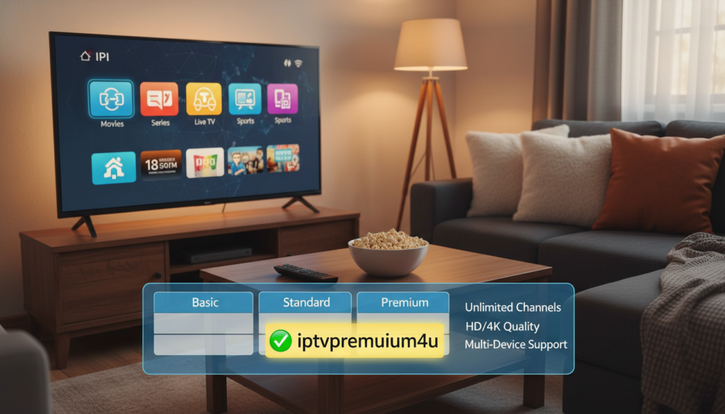 A cozy living room setting featuring a sleek Amazon Firestick plugged into a modern LCD TV, displaying a vibrant IPTV interface with a user-friendly layout. In the foreground, a comparison table emerges from the screen, showcasing various IPTV subscription plans, with a highlighted section for "iptvpremuim4u." The television emits a soft glow, illuminating the room. In the middle ground, a stylish coffee table holds a remote control and a bowl of popcorn, inviting viewers to settle in for a streaming session. In the background, a comfy couch with plush cushions enhances the relaxed atmosphere. The lighting is warm and inviting, capturing a casual yet modern vibe, ideally shot from a slightly elevated angle to encompass both the TV and the inviting environment.