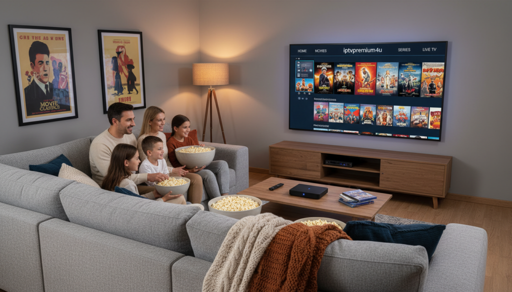 A cozy living room setting showcasing a sleek home theater setup, featuring a large flat-screen TV displaying the "iptvpremuim4u" interface with vibrant movie thumbnails. In the foreground, a family of four dressed in casual, comfortable clothing is gathered on a plush sofa, excitedly discussing their viewing options. They are surrounded by popcorn bowls and soft blankets, creating a relaxed atmosphere. In the middle, a coffee table displays a streaming device and a few movie DVDs, emphasizing the concept of IPTV for movie lovers. The background features warm lighting from a stylish lamp, enhancing a welcoming ambience. The room has a modern design, with subtle decorative elements like framed movie posters. The image captures a joyful mood, inviting viewers into the world of cinematic experiences.
