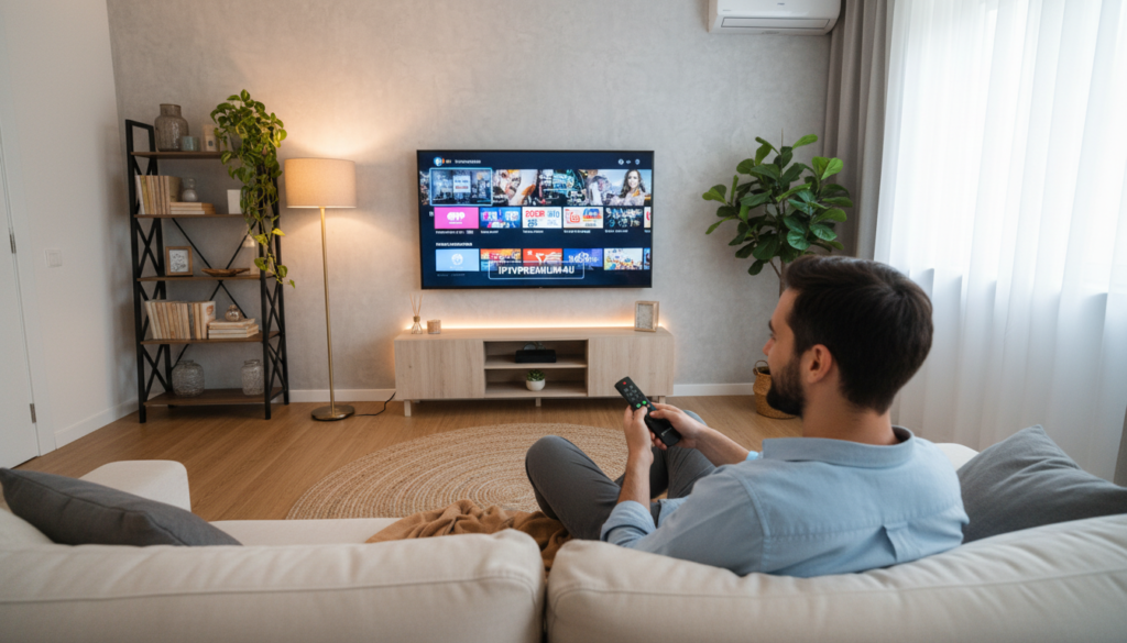 A cozy living room setup showcasing a modern TV displaying vibrant IPTV content, with a cozy sofa in the foreground, softly lit by warm ambient lighting. In the middle, a user sits comfortably, holding a Firestick remote, dressed in a casual yet professional outfit. The room features stylish decorations, including a bookshelf and a few potted plants, creating a welcoming atmosphere. In the background, a large window lets in natural light, enhancing the inviting feel. The focus is on the joyful experience of streaming with "iptvpremuim4u," capturing a sense of ease and excitement while optimizing streaming. The angle is slightly elevated, providing a wide view of the space while emphasizing the person's engagement with the screen.