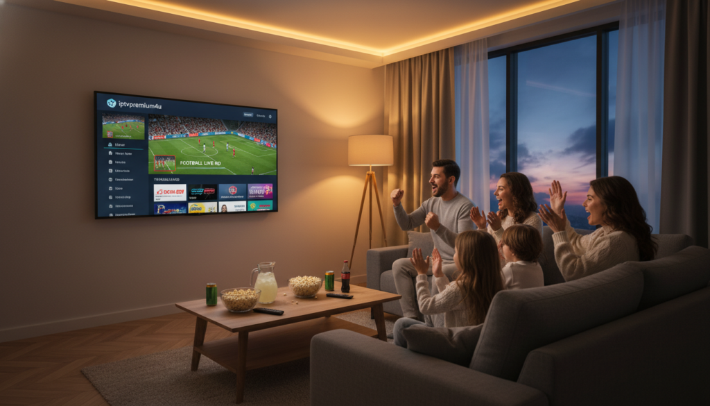 A cozy living room setup showcasing a modern sports streaming experience, with a large flat-screen TV displaying an IPTV app interface from "iptvpremium4u" highlighting various live sports channels. In the foreground, a family of four, dressed in casual attire, is excitedly watching a soccer match together, and their expressions reflect engagement and enjoyment. The middle scene features a coffee table cluttered with snacks, drinks, and a remote control, contributing to a relaxed atmosphere. The background is softly lit with warm ambient lighting, and a window shows a serene evening sky, enhancing the overall inviting mood. The angle captures the room from a slightly elevated perspective, giving a comprehensive view of the action. No text or signatures are present in the image.