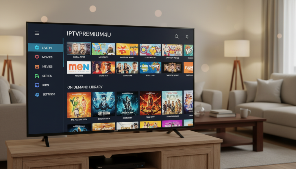 A detailed Firestick home screen showing the IPTV app interface by iptvpremium4u, prominently featuring channel categories and a visually organized VOD library. In the foreground, include vibrant thumbnail images of popular shows and movies, neatly arranged in rows. The background should depict a softly lit living room environment, with a cozy couch and a coffee table, suggesting a comfortable viewing experience. Use warm, inviting lighting that enhances the homely atmosphere, with a slight bokeh effect to focus on the Firestick interface. Capture the image from a mid-angle perspective, highlighting the screen's content without any distracting elements or text overlays. The overall mood should be relaxing and engaging, appealing to users managing their channels and VOD library.