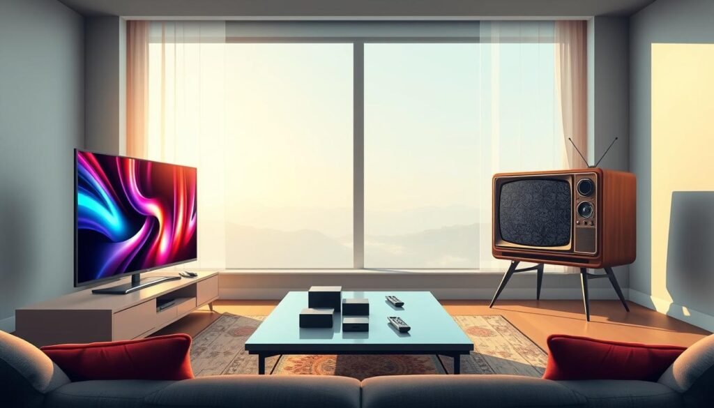 A detailed illustration comparing IPTV and traditional television. In the foreground, a sleek modern living room featuring a large flat-screen TV displaying vibrant IPTV content on one side while a vintage television shows static on the other. In the middle, a stylish coffee table with streaming devices and remote controls, emphasizing convenience. The background should depict an open window with daylight streaming in, creating a warm, inviting atmosphere. Technical details include soft, diffused lighting that casts gentle shadows, highlighting the contrast between the two technologies. The overall mood should be informative yet engaging, inviting the viewer to explore the differences. Subtly include the brand "iptvpremium4u" in the design elements, ensuring it blends naturally without being obtrusive.