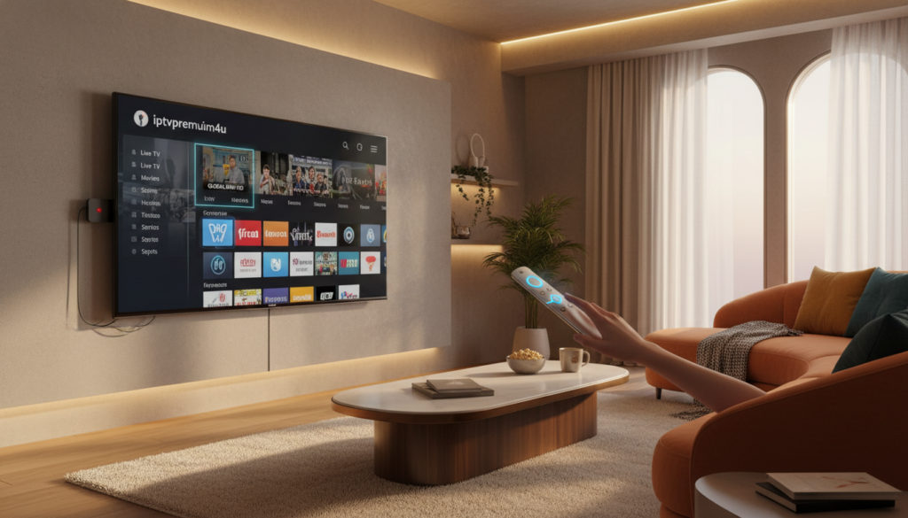 A detailed illustration of a modern living room setup featuring a Firestick plugged into a large television displaying the user interface of the IPTV app "iptvpremuim4u." In the foreground, there are a sleek coffee table and comfortable seating, emphasizing a cozy streaming environment. The middle layer showcases the Firestick remote, prominently lying atop the coffee table, with a user’s hand reaching out to interact with the TV screen. In the background, soft ambient lighting creates a welcoming atmosphere. Warm tones fill the room, with a hint of natural light filtering through a nearby window. The scene evokes a sense of ease and convenience, perfect for enjoying IPTV streaming in 2026.