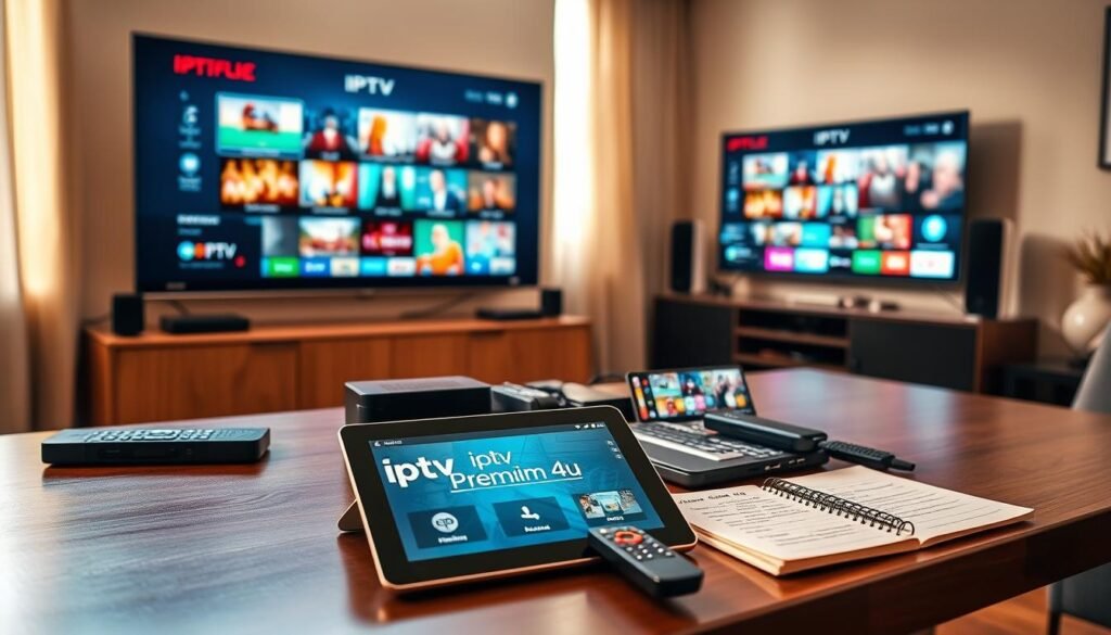 A digital workspace showcasing a comparison of IPTV services. In the foreground, a sleek tablet and laptop screen display vibrant live streams from various IPTV channels, including the brand "iptvpremuim4u." The middle layer features a polished wooden table cluttered with tech gadgets like a remote control, streaming devices, and a notepad with notes on cable and streaming options. The background reveals a modern living room, softly lit with warm tones, and a large television screen mounted on the wall, illustrating a side-by-side comparison of IPTV, traditional cable, and popular streaming apps. Soft natural lighting filters through the window, creating a cozy atmosphere for discussion. The overall mood is insightful and professional, perfect for a tech-focused analysis.