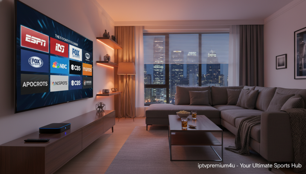A dynamic and engaging scene depicting a modern living room equipped with a high-quality IPTV streaming setup. In the foreground, a sleek flat-screen TV displays vibrant logos of popular sports channels such as ESPN, Fox Sports, and NBC Sports in a visually appealing collage. The middle ground features a stylish entertainment center with a streaming device and comfortable seating, inviting viewers to experience the excitement of live sports. The background shows a cozy atmosphere with warm ambient lighting, enhancing the mood of a thrilling sports event. Capture the essence of modern home entertainment, focusing on the seamless user experience offered by iptvpremium4u. The angle should give a clear view of the living room setup, emphasizing the advanced technology while maintaining a professional aesthetic.