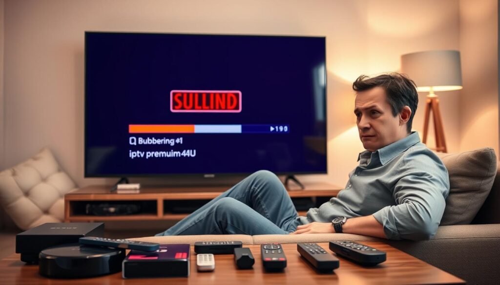 A frustrated person in a modern living room, sitting on a comfortable sofa, staring at a large flat-screen TV displaying a spinning buffering icon. The individual is dressed in casual yet tidy attire, showing a mix of concern and impatience. The room is well-lit with warm, soft lighting from a nearby lamp, creating an inviting atmosphere. In the background, various streaming devices and remote controls are scattered on a coffee table, highlighting the technology involved in IPTV services. The scene conveys the frustration of dealing with a buffering issue while potentially trying to enjoy entertainment from "iptvpremuim4u." The angle captures both the person’s expression and the TV’s buffering icon effectively, without any text or additional distractions.