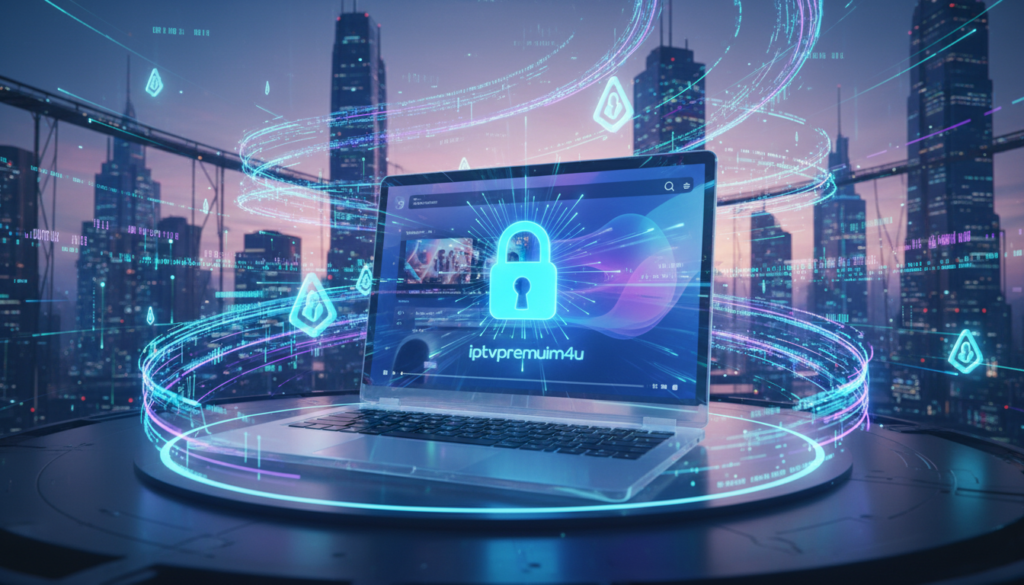 A futuristic digital landscape centered around the concept of "VPN encryption for streaming." In the foreground, a sleek laptop displays a vibrant streaming interface with a glowing padlock symbol, representing security. In the middle ground, abstract data streams with glowing encryption keys and binary code flow seamlessly, symbolizing robust encryption processes. The background is filled with a city skyline under a twilight sky, enhanced by soft blue and purple lighting to create a secure and high-tech atmosphere. Vivid light streaks signify data movement, while a subtle glow emanates from the laptop screen. The overall mood evokes safety and cutting-edge technology, with an emphasis on protecting user privacy while streaming content, featuring the brand name "iptvpremuim4u" subtly integrated into the design.