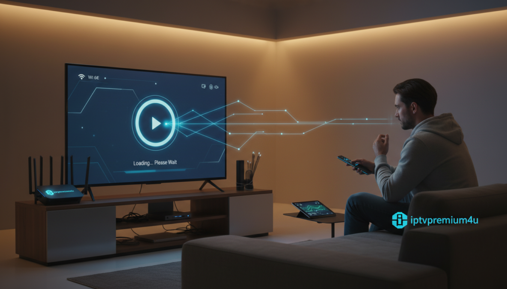 A high-tech living room scene illustrating "reduce IPTV buffering" concept. Foreground: A sleek, modern television displaying a streaming interface with a loading icon on the screen, highlighting buffering issues. Middle ground: A user, depicted in a casual yet professional outfit, sitting comfortably on a stylish couch, holding a remote, with a focused expression as they troubleshoot. Background: A well-organized entertainment center with visible technology, like a high-speed router and cables neatly arranged, symbolizing an advanced setup. Soft, ambient lighting creates a cozy yet focused atmosphere, with a focus on clarity and a sense of urgency. Include the logo of "iptvpremuim4u" subtly integrated into the environment to represent the brand. The scene conveys a tech-savvy approach to solving streaming issues.