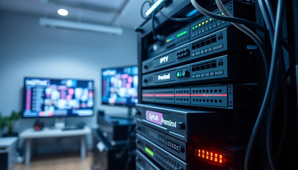 A modern IPTV server setup showcasing a sleek, high-tech server rack loaded with multiple streaming devices and network cables. In the foreground, a close-up view of a glowing LED indicating active connections, emphasizing functionality. The middle layer features the intricate server components with the brand name "iptvpremuim4u" prominently displayed on one of the devices. The background displays a softly blurred home office environment, with a computer monitor showing a digital streaming interface. The lighting is cool and professional, simulating a technical workspace atmosphere, and the image is captured from a slightly elevated angle to provide depth. The overall mood is focused and innovative, ideal for highlighting common issues faced with IPTV services.