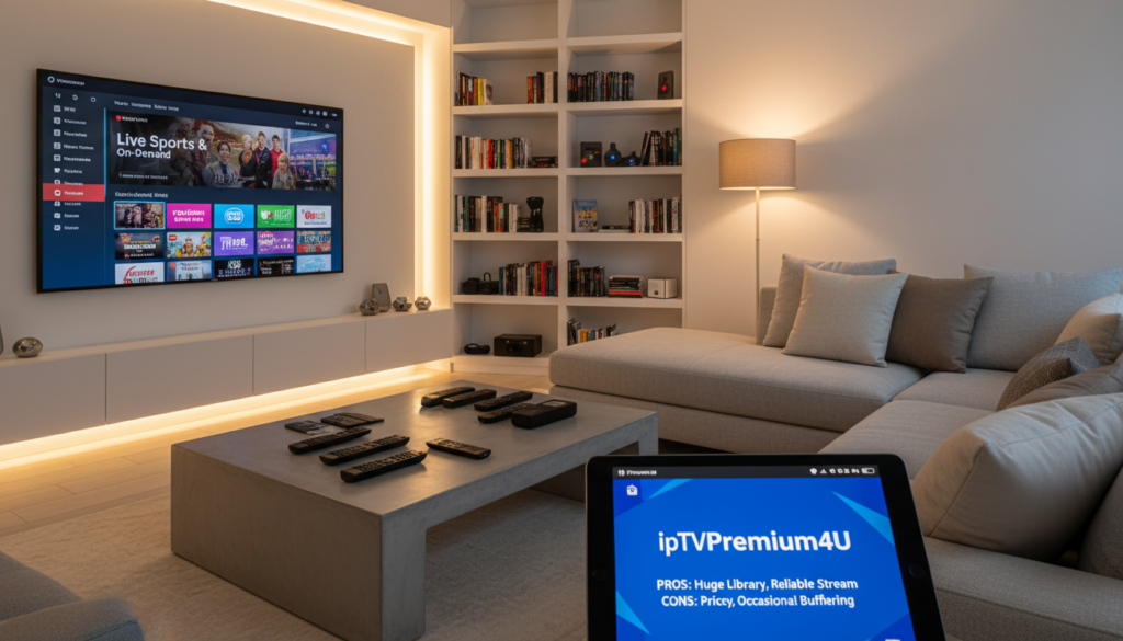 A modern and sleek living room setup featuring a large flat-screen TV displaying a vibrant IPTV streaming interface. The foreground showcases a stylish coffee table cluttered with various IPTV remote controls and a tablet showing user reviews, prominently featuring the brand "iptvpremuim4u". In the middle, a comfortable sofa is positioned facing the TV, adorned with neutral-colored cushions. Soft ambient lighting creates a cozy atmosphere, with warm tones highlighting the room’s décor. The background includes a bookshelf filled with technology and entertainment-related books. The overall mood is inviting and analytical, reflecting user experiences and discussions about the pros and cons of popular IPTV services. The lens captures the scene with a slight depth of field, focusing on the television interface while softly blurring the background details.