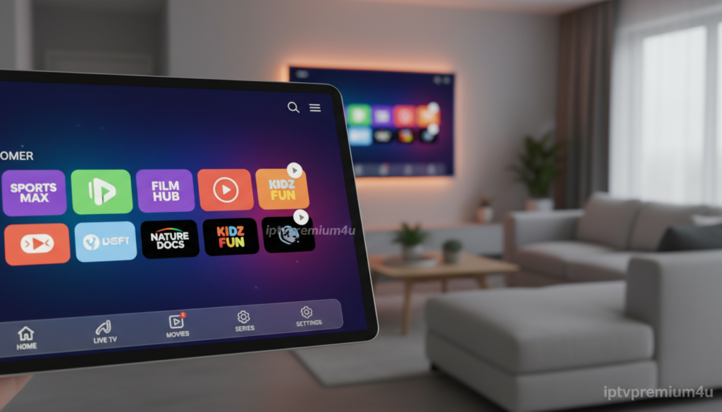 A modern electronic program guide interface displayed on a sleek digital device, emphasizing its intuitive layout and vibrant color scheme. In the foreground, a close-up view features a user-friendly navigation bar and channel thumbnails, showcasing various IPTV icons. The middle ground contains a blurred image of a living room setting with a comfortable couch and a large flat-screen TV displaying the menu. In the background, soft ambient lighting creates a cozy viewing atmosphere, enhancing the user experience. The overall mood is inviting and tech-savvy, perfect for a contemporary audience. The brand name "iptvpremuim4u" is subtly integrated within the design elements, without any text overlays.