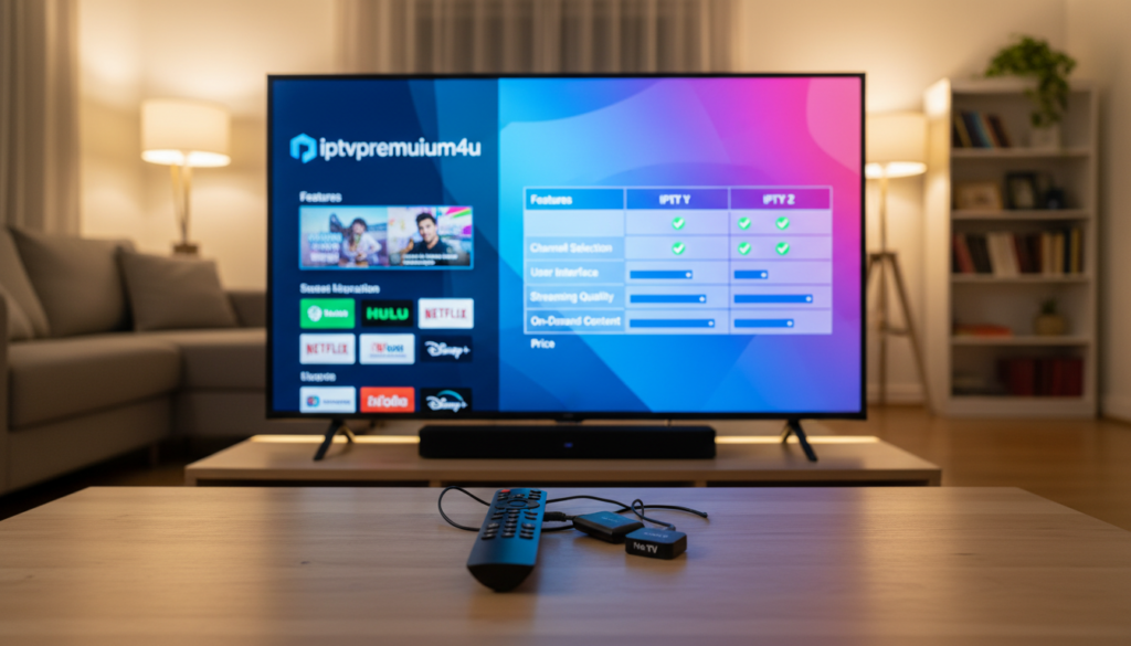A modern home entertainment setup featuring a sleek television displaying the vibrant interface of IPTV apps like "iptvpremuim4u." In the foreground, a stylish remote control rests on a coffee table, surrounded by streaming devices like a Firestick. The middle layer showcases a high-definition TV screen with a well-organized comparison table highlighting top IPTV features including channel selection, user interface, and streaming quality. The background is softly blurred to create depth, with ambient lighting casting a warm glow that enhances the inviting atmosphere. Use a professional lens effect to capture vivid colors and clear details, aiming for a contemporary and tech-savvy mood that reflects an engaging IPTV viewing experience.