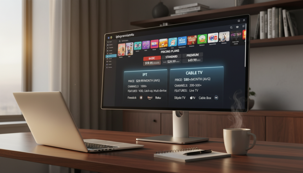 A modern home office featuring a sleek, large-screen display showcasing a vibrant IPTV app interface, with pricing information highlighted. In the foreground, a stylish laptop sits on a polished wooden desk, surrounded by a notepad and a cup of coffee, reflecting a professional environment. The middle layer includes a visually engaging comparison table between IPTV and Cable TV, showcasing price points, features, and icons of popular streaming devices like Firestick. In the background, a contemporary shelf displays books about technology and media, softly blurred to keep focus on the comparison. The lighting is warm and inviting, resembling a late afternoon glow, creating a comfortable and analytical atmosphere. Brand logo "iptvpremuim4u" appears subtly integrated within the IPTV app interface, adding a touch of branding without overwhelming the composition.