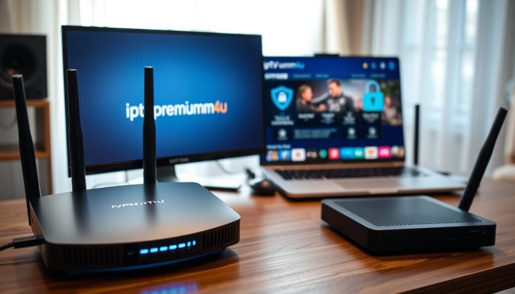 A modern home office setting, featuring a sleek computer setup on a stylish wooden desk, with a digital screen showcasing the "iptvpremuim4u" logo prominently. In the foreground, a high-tech VPN router emits a soft blue glow, symbolizing secure streaming. The middle ground includes an open laptop displaying a streaming service interface, highlighted by protective visuals like a digital lock symbol. The background features a cozy, well-lit room with soft daylight filtering through sheer curtains, creating an inviting atmosphere. Use a shallow depth of field for a focused view of the tech while keeping the room subtly blurred. Aim for a clean, professional aesthetic with a mood of security and modern technology, without any clutter or distractions.