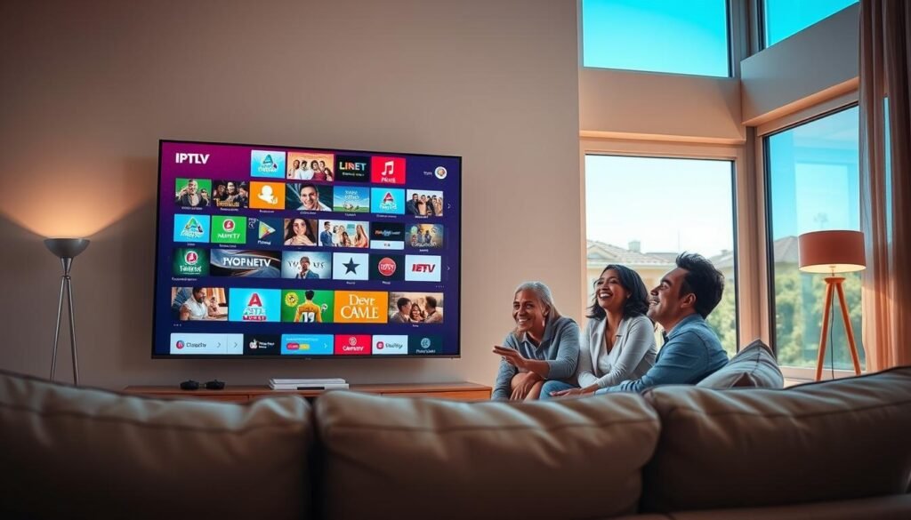 A modern living room featuring a sleek television displaying a vibrant array of digital channels, symbolizing IPTV services. In the foreground, a cozy couch with neutral-colored cushions invites viewers in. The middle layer showcases a family of diverse individuals, dressed in professional casual attire, joyfully interacting while watching content on the screen; their expressions reflect engagement and excitement. The background includes soft ambient lighting from stylish floor lamps, enhancing the warm atmosphere of the room. Outside the window, a clear blue sky suggests a peaceful suburban neighborhood. The image subtly highlights the shift from traditional cable to innovative IPTV services, featuring the brand "iptvpremuim4u" discreetly in the corner of the screen. The overall mood is uplifting and modern, capturing the essence of contemporary entertainment.