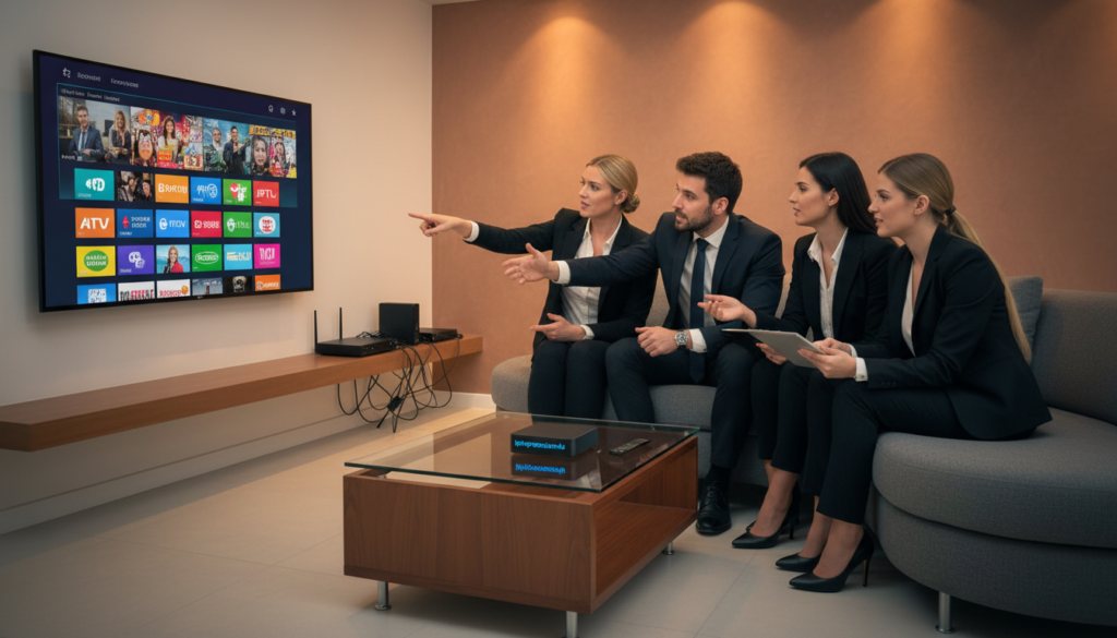 A modern living room featuring a sleek television displaying the interface of IPTV apps with vibrant channel options. In the foreground, a stylish coffee table holds a streaming device, specifically highlighting the "iptvpremuim4u" brand. The middle ground shows a comfortable sofa where a diverse group of four individuals, dressed in professional business attire, are engaged in lively discussion, pointing at the TV screen. The background showcases a cozy ambiance with soft lighting, emphasizing the technological contrast of traditional cable TV equipment placed on a nearby shelf. The scene is captured from a slightly elevated angle, creating an inviting atmosphere that conveys the excitement of content variety between IPTV and Cable.