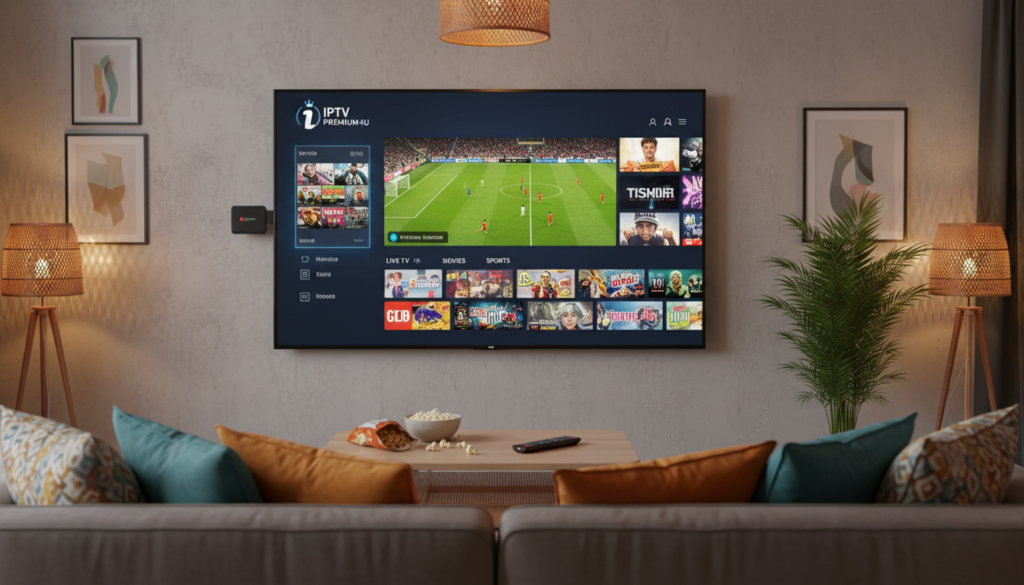 A modern living room scene featuring a sleek Amazon Firestick plugged into a TV, displaying a vibrant and user-friendly interface of the unofficial IPTV app "iptvpremuim4u". In the foreground, a comfortable couch with colorful throw pillows, and a coffee table with a few snacks and a remote control. The middle-ground highlights the TV, showcasing the app's logo and streaming content with dynamic colors. The background includes soft lighting from stylish lamps, creating a cozy atmosphere that invites relaxation. The lens captures the scene at a slight angle, emphasizing the contours of the Firestick and the TV screen. The mood is inviting and contemporary, suitable for a tech-savvy audience exploring unofficial free IPTV apps.