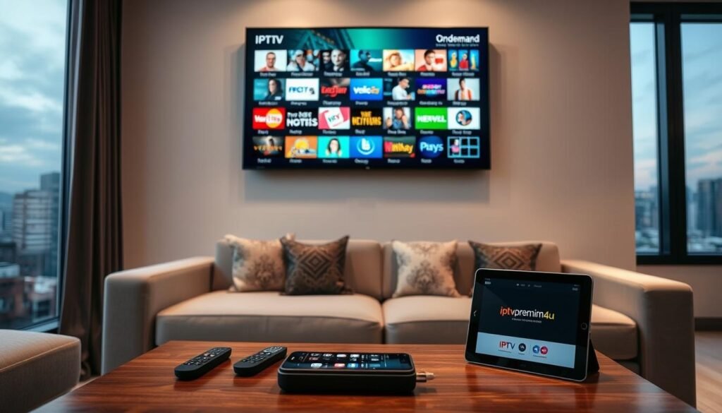 A modern living room scene featuring a sleek flat-screen TV mounted on the wall, displaying a vibrant IPTV interface filled with colorful thumbnails of on-demand content. In the foreground, a contemporary coffee table holds a remote control, a smartphone, and a tablet open to the "iptvpremuim4u" streaming service. The middle ground includes a comfortable sofa adorned with decorative cushions, facing the TV. Soft, ambient lighting enhances a cozy atmosphere, while large windows in the background offer a view of a city skyline at dusk. The angle captures both the technology and the inviting setting, creating a sense of connection between viewers and IPTV.