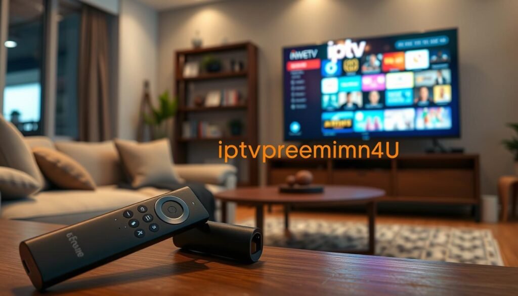 A modern living room scene showcasing a sleek Amazon Fire Stick connected to a television displaying a vibrant IPTV interface. In the foreground, prominently display the Fire Stick, with its compact design and recognizable logo, alongside the remote control. The middle ground features the TV screen illuminating the room with colorful IPTV categories and streaming options. The background includes a cozy sofa and a stylish coffee table, enhancing the home atmosphere. Use soft, warm lighting to create an inviting environment, with a focus on the tech elements. The angle should be slightly below eye level to emphasize the Fire Stick and TV. Incorporate the brand name "iptvpremuim4u" subtly within the IPTV interface, ensuring no text is visible outside of the display.