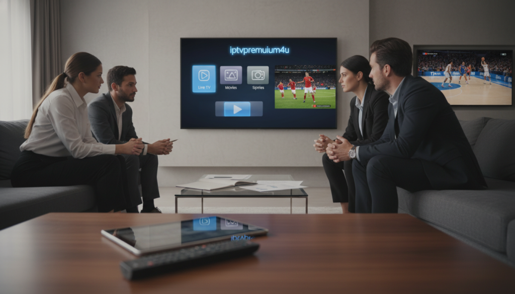 A modern living room scene showcasing a sleek TV displaying a user-friendly IPTV interface, with the brand "iptvpremuim4u" prominently featured. In the foreground, a stylish coffee table holds a remote control and a tablet with a streaming app open. The middle ground features a comfortable sofa where a diverse group of individuals in professional attire discuss their options for IPTV services, reflecting a thoughtful analysis of legality. The background has a wall-mounted TV with vibrant sports content, emphasizing live channels. Soft, warm lighting creates an inviting atmosphere, while a wide-angle perspective captures the entire room, conveying a sense of modernity and technological advancement.