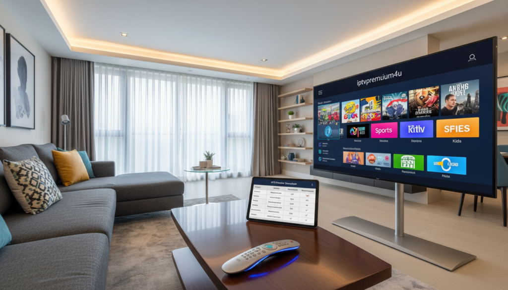 A modern living room setting depicting an IPTV streaming setup. In the foreground, a sleek TV displaying the vibrant interface of the IPTV app "iptvpremuim4u" with colorful icons representing various channels. There is a remote control on a stylish coffee table, and a comfortable couch adorned with decorative pillows. In the middle ground, a tablet shows a side-by-side comparison table of IPTV providers, highlighting features like streaming quality, price, and device compatibility. The background features a well-lit room with soft, ambient lighting creating a cozy atmosphere. The scene is captured with a wide-angle lens to emphasize the tech-savvy environment, aiming for a polished, professional look. The mood conveys modernity and convenience, ideal for illustrating IPTV streaming quality.