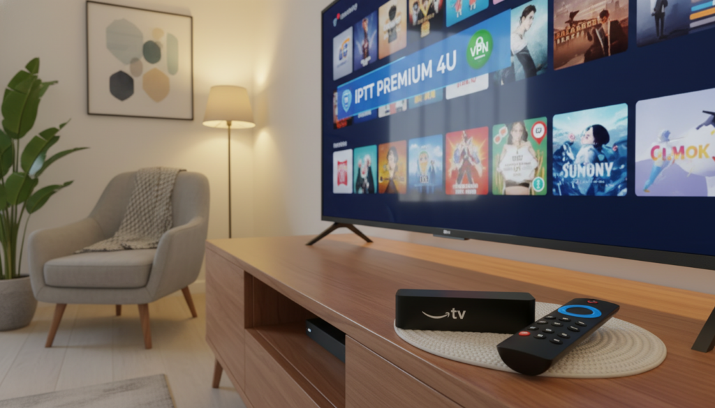 A modern living room setting featuring a sleek Amazon Fire TV Stick prominently displayed on a contemporary media console. In the foreground, a stylish remote control lies comfortably beside the Fire Stick, while a vibrant TV screen in the background showcases a colorful streaming interface. Soft, ambient lighting fills the room, creating a warm and inviting atmosphere, with highlights reflecting off the glossy surfaces. A cozy armchair is positioned to offer a perfect view of the screen, suggesting a comfortable binge-watching experience. Subtle details, like a decorative plant and a minimalistic wall art, enhance the aesthetic. The scene conveys a sense of ease and security, ideal for enjoying IPTV content through a top VPN provider, such as iptvpremium4u. The angle is slightly elevated, allowing for a comprehensive view of the devices in use while maintaining a homey vibe.
