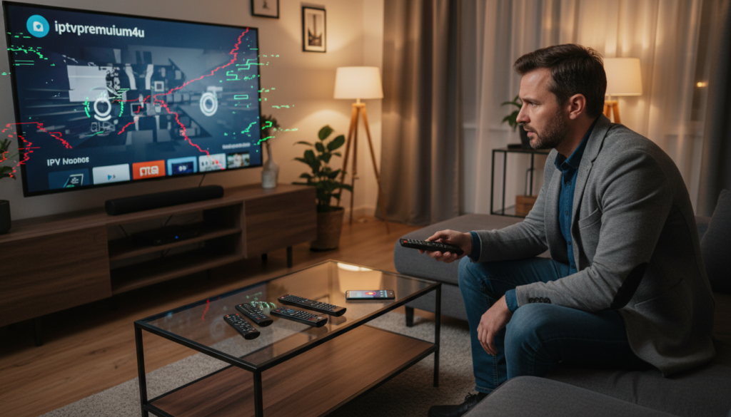 A modern living room setting featuring a sleek TV displaying an IPTV streaming interface from "iptvpremuim4u" on the screen, showcasing buffering symbols and intermittent glitches to illustrate potential drawbacks. In the foreground, a concerned viewer, dressed in professional casual attire, sits on a comfortable couch, holding a remote control with a puzzled expression. The middle ground includes a stylish coffee table cluttered with various remote controls and a smartphone displaying a streaming app. The background shows a cozy home environment with soft lighting, warm colors, and a hint of technology, such as a soundbar and streaming devices. The mood is tense yet modern, capturing the essence of uncertainty in streaming quality. The angle is slightly tilted to add a dynamic feel, emphasizing the streaming challenges.