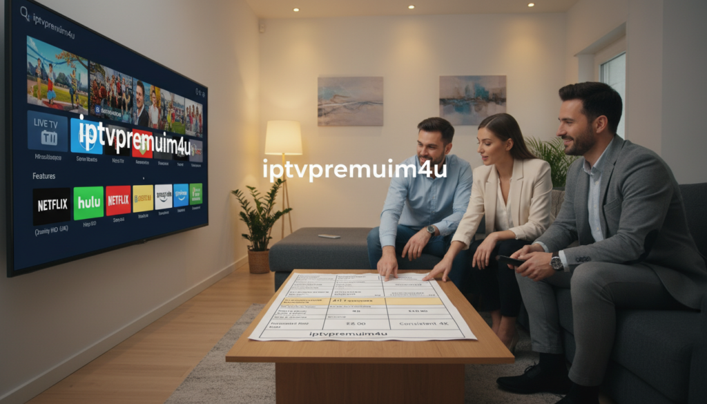 A modern living room setting featuring a sleek TV displaying the interface of popular IPTV apps on a Firestick. In the foreground, a stylish coffee table holds a comparison table showcasing features, prices, and quality of various top IPTV providers. Include icons representing popular streaming apps like Netflix, Hulu, and Amazon Prime alongside the brand name "iptvpremuim4u". The middle ground captures a cozy sofa with patrons dressed in business casual attire, engaged in discussion about their IPTV options. In the background, soft ambient lighting highlights a contemporary decor. The camera is positioned at eye level, creating an inviting atmosphere and enhancing the sense of comparison among IPTV providers, encapsulating a tech-savvy and comfortable vibe.