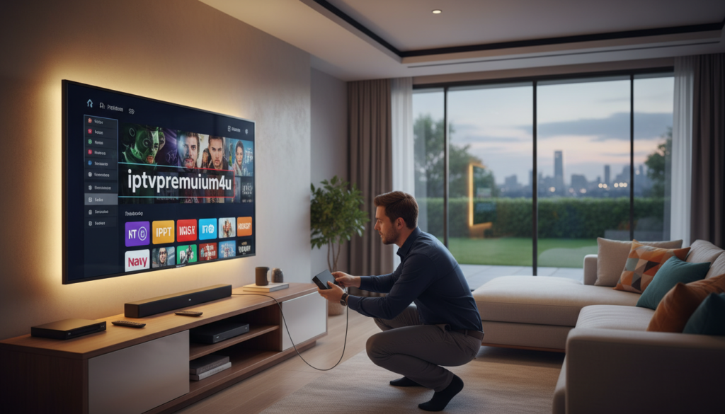 A modern living room setting featuring a sleek TV showing a vibrant IPTV interface from "iptvpremuim4u" on the screen. In the foreground, a person in smart casual attire is adjusting a streaming device connected to the TV, focused and engaged. The middle layer includes a stylish entertainment center with various media devices and a cozy couch with colorful throw pillows. Soft, ambient lighting illuminates the room, creating a warm and inviting atmosphere. In the background, large windows reveal a serene outdoor view, adding depth. The focus is sharp with a slight bokeh effect on the background, and the scene conveys a sense of excitement and anticipation for a perfect streaming experience.