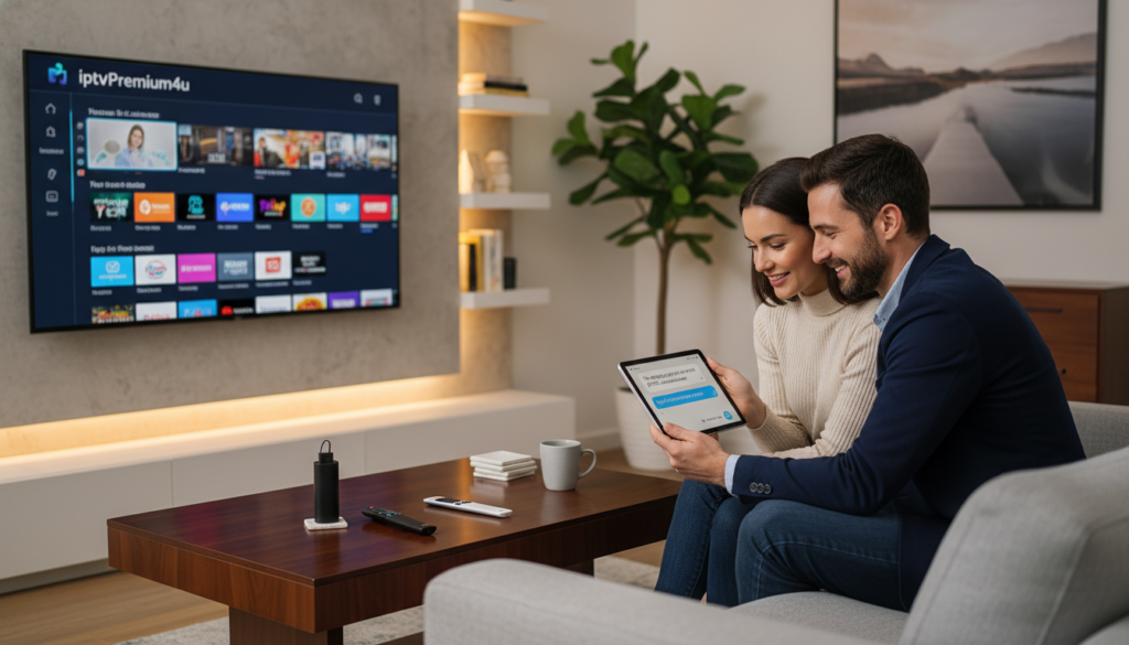 A modern living room setting featuring a sleek smart TV displaying the "iptvpremuim4u" application interface. In the foreground, a professional-looking couple in smart casual attire engages with a smart device, showcasing a conversation about IPTV services. The middle ground includes a stylish coffee table with various streaming devices, like a Firestick and remote controls, emphasizing their importance in a streaming setup. The background subtly hints at a cozy ambiance with warm lighting and contemporary decor. The scene conveys trust and reliability, reflecting the essence of a legitimate IPTV service, with a focus on quality viewing and user experience, all set in a serene and inviting atmosphere.