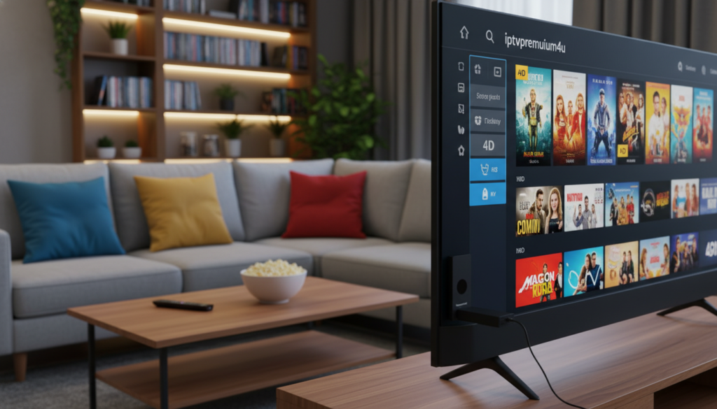 A modern living room setting focused on a TV displaying the IPTV application interface for "iptvpremuim4u" on a Firestick. In the foreground, a sleek black Firestick device is plugged into the HDMI port of a large LED television, showcasing vibrant movie posters from various genres. In the middle, a comfortable sofa is adorned with colorful cushions, and a popcorn bowl sits on a stylish coffee table. The background features soft ambient lighting with a cozy atmosphere, including a bookshelf filled with movies and plants to add warmth. The image is captured with a slightly angled perspective to give depth, ensuring clarity on the Firestick interface and highlighting the entertainment experience of HD and 4K streaming options.