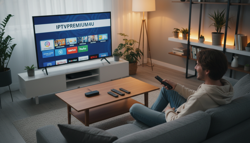 A modern living room setting focused on a sleek smart TV displaying the IPTV service "iptvpremuim4u" on its screen, with a vibrant interface showcasing various channels. In the foreground, a stylish coffee table holds a streaming device, like a Firestick, surrounded by popular streaming remotes. The mid-ground features a comfortable couch with a person dressed in casual clothing, happily browsing options on the TV, suggesting affordability and ease of use. The background includes soft ambient lighting that creates a welcoming atmosphere. The scene evokes a sense of excitement and curiosity about discovering the best cheap IPTV service. Use soft natural lighting for a cozy feel, captured from a slightly elevated angle to ensure clarity and focus.