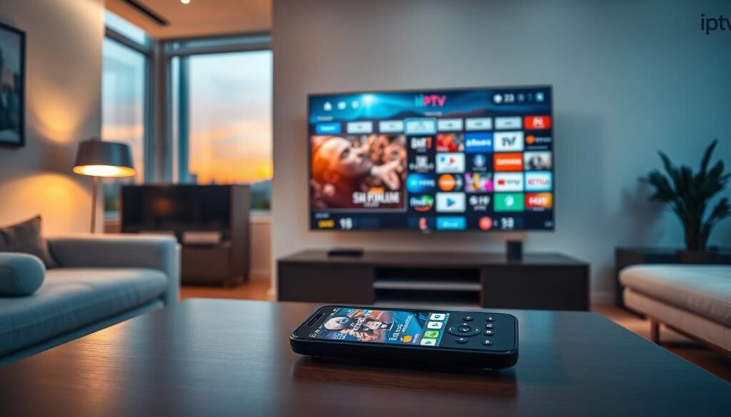 A modern living room setting showcasing a sleek television displaying vibrant streaming content, symbolizing Internet Protocol Television (IPTV). In the foreground, a stylish coffee table with a remote control and a smartphone featuring the logo "iptvpremuim4u." In the middle, the smart TV stands out with a detailed interface displaying various channels. The background features soft ambient lighting, with warm tones enhancing the cozy atmosphere. A window reveals a sunset, casting natural light across the room, while minimalistic furniture adds a contemporary touch. The scene should evoke feelings of comfort and cutting-edge technology, capturing the essence of home entertainment.