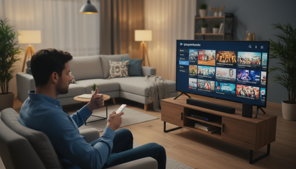 A modern living room setup centered around a sleek television displaying the vibrant interface of an IPTV streaming application, showcasing high-quality IPTV streams. In the foreground, a user in smart casual attire interacts with a remote control, visibly engaged in selecting content. The middle ground features a stylish media console, housing a Firestick device, with an assortment of streaming devices elegantly arranged. The background displays cozy decor, including a soft couch and decorative plants, creating a welcoming ambiance. Soft, warm lighting enhances the inviting atmosphere, while a subtle bokeh effect adds depth. The brand name “iptvpremuim4u” subtly integrated on the TV screen reflects premium IPTV services, illustrating the benefits of a premium IPTV service without any text overlays, watermarks, or distractions.