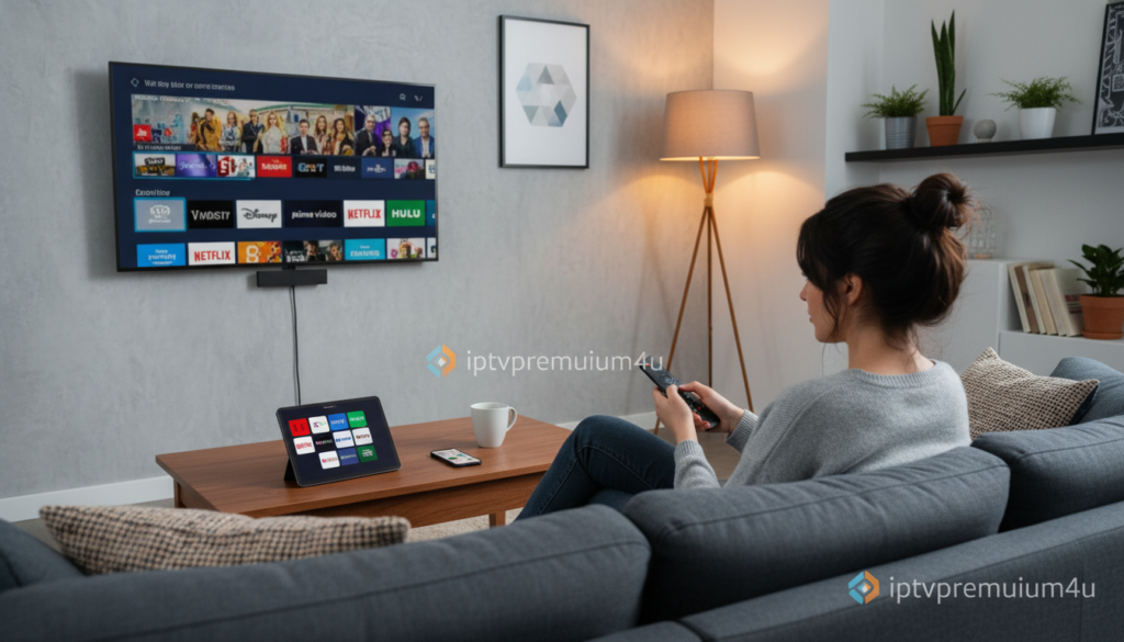 A modern living room setup featuring a prominently displayed Amazon Fire Stick connected to a sleek flat-screen TV. In the foreground, a person sitting comfortably on a couch, dressed in casual but neat clothing, intently navigating the Fire Stick interface on the TV. The middle ground includes a stylish coffee table with a variety of streaming service icons displayed on a smartphone nearby, suggesting optimal content discovery. The background shows a cozy ambiance with warm, soft lighting emanating from a floor lamp, creating a relaxed atmosphere. The overall mood is one of ease and modern technology, emphasizing stability and performance. In the corner, discreetly incorporated is the brand logo "iptvpremuim4u" as part of the decor.