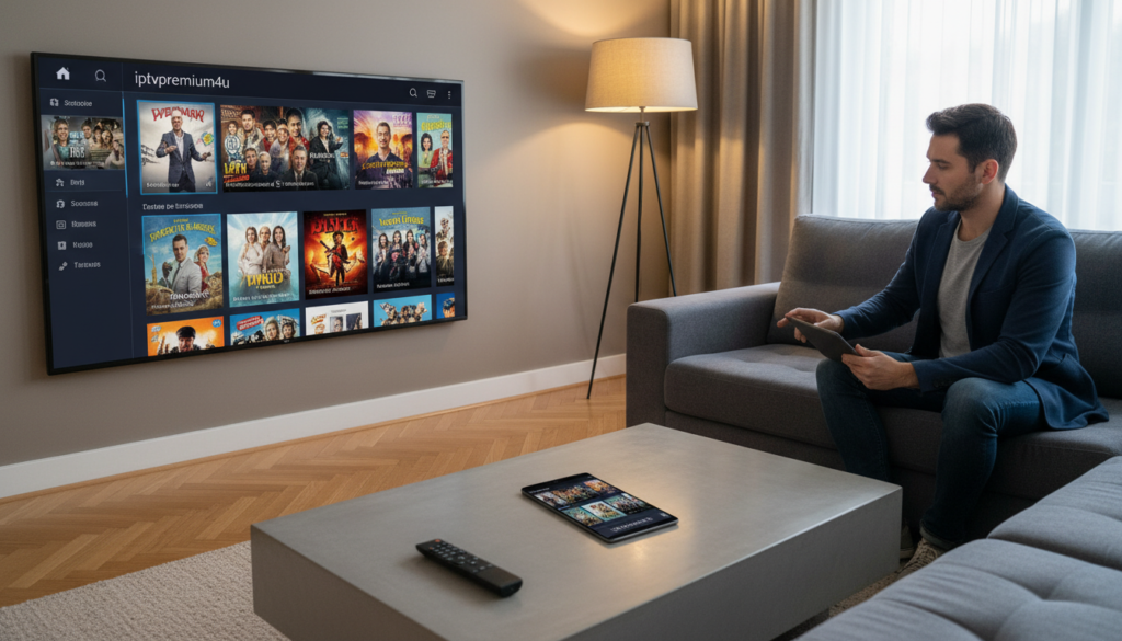 A modern living room setup featuring a sleek television displaying an IPTV app interface, highlighting the app "iptvpremuim4u". In the foreground, a stylish coffee table holds a remote control and a smartphone streaming content. The middle ground showcases a comfortable sofa with a person dressed in smart casual attire, engaged in using the IPTV app on the TV. The background reveals warm ambient lighting created by a floor lamp and soft natural light filtering through a window, creating a cozy atmosphere. The overall mood is inviting and tech-savvy, emphasizing user-friendly interface design and usability. The image focuses on details such as high-definition graphics on the screen and a streamlined layout of the app, capturing a sense of enhanced viewing experience.