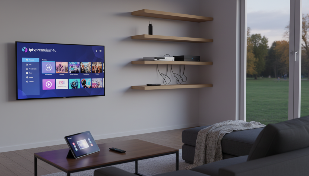 A modern living room setup illuminated by soft, ambient lighting, showcasing a sleek television displaying the "iptvpremuim4u" interface. In the foreground, a stylish coffee table holds a tablet and a remote control. The middle ground features a comfortable sofa with a blanket draped over it, creating a cozy atmosphere. In the background, shelves lined with multimedia devices like a Firestick, DVD player, and streaming accessories. A window reveals a serene outside view, enhancing the relaxing mood. The scene captures the essence of a premium IPTV service experience, inviting viewers to explore advanced streaming features and technology in a sophisticated, yet inviting setting.