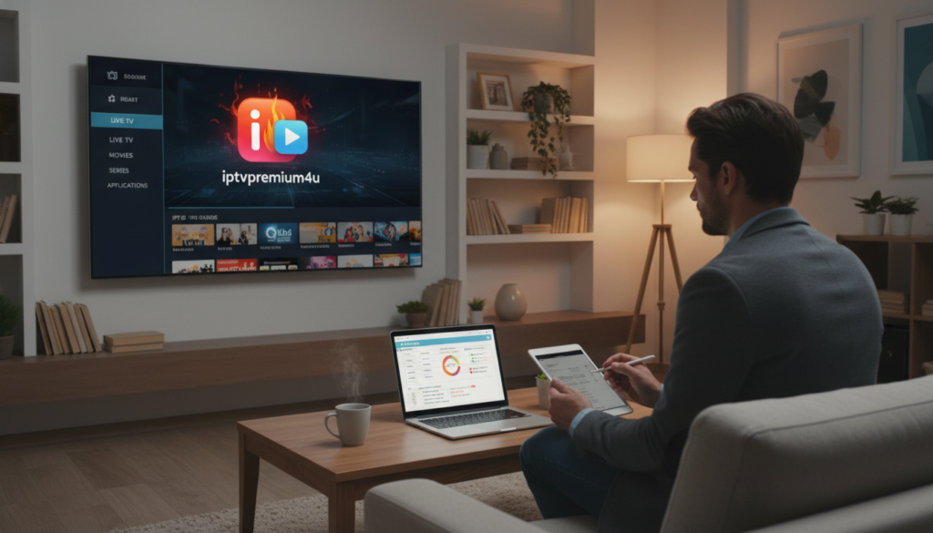 A modern living room setup showcasing a sleek television displaying the Firestick interface, featuring a vibrant IPTV app logo for "iptvpremuim4u". In the foreground, a professional person in business casual attire is focused on the screen, perhaps taking notes or analyzing details on user reviews. In the middle ground, a coffee table holds a laptop open to a comparison table of IPTV plans, with customer reviews visible. The background should have a cozy ambiance with warm lighting, creating a welcoming atmosphere for streaming. Use a wide-angle lens to capture the entire scene, emphasizing the integration of technology and user experience.