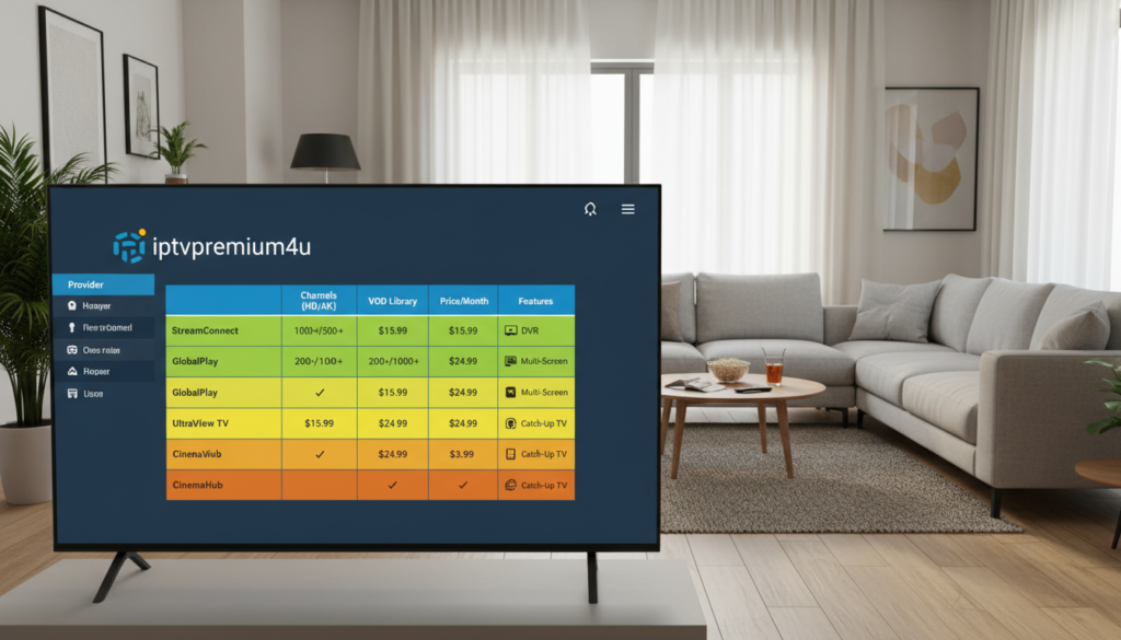 A modern living room setup showcasing an IPTV streaming experience. In the foreground, a sleek TV displaying the "iptvpremium4u" app interface featuring a colorful comparison table of various IPTV providers. The middle layer should include a comfortable couch and a stylish coffee table with remote controls and snacks. In the background, soft, natural lighting illuminates the room through large windows with curtains drawn, creating a cozy atmosphere. The angle should focus on the TV while capturing the inviting ambiance of a home entertainment space. The overall mood is relaxed and engaging, highlighting the features and quality of various IPTV channel lineups without any text or annotations.