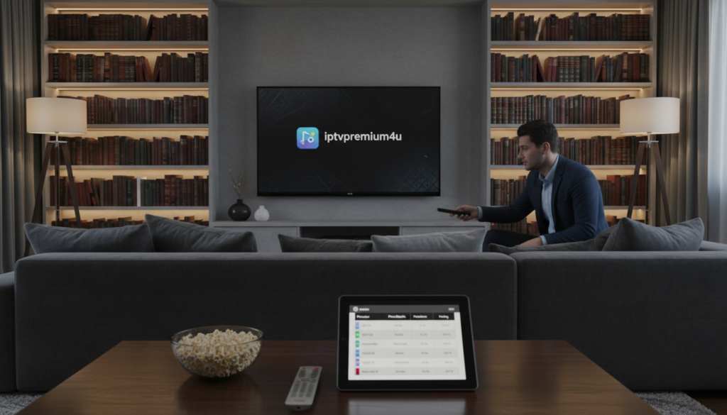 A modern living room with a sleek black TV displaying the Firestick interface showcasing the "iptvpremuim4u" IPTV app. In the foreground, a stylish coffee table holds a remote, popcorn, and a tablet with a comparison table of top IPTV subscriptions. The middle ground features a comfortable sofa with a person in professional attire, thoughtfully exploring content. The background includes a soft-lit bookshelf with legal books, subtly hinting at the legal considerations when using IPTV. The overall atmosphere is cozy yet professional, with warm lighting enhancing the inviting ambiance. Capture this scene from a slightly elevated angle to include all elements harmoniously.