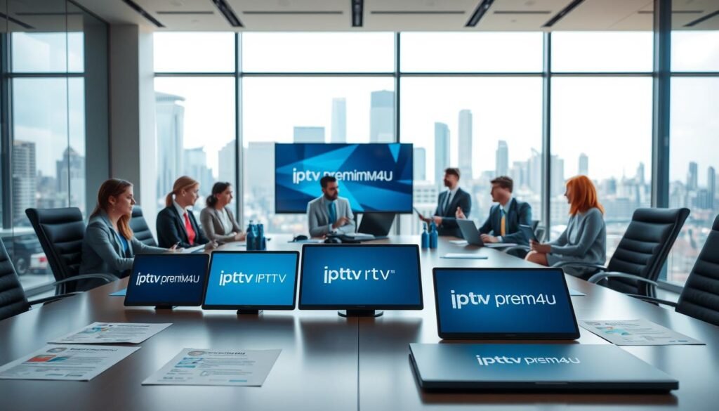 A modern office setting with a sleek conference table in the foreground, featuring various IPTV provider logos, including "iptvpremuim4u," printed on professional-looking documents and digital screens. In the middle ground, a diverse group of business professionals in smart attire, engaged in a discussion about the legal aspects of streaming, surrounded by modern technology like laptops and tablets. The background shows large windows with a city skyline, symbolizing connectivity and the digital future. Soft, natural lighting streams in, creating a balanced atmosphere that conveys seriousness and professionalism, while the overall color scheme is a blend of cool blues and greys, enhancing the tech-savvy vibe.