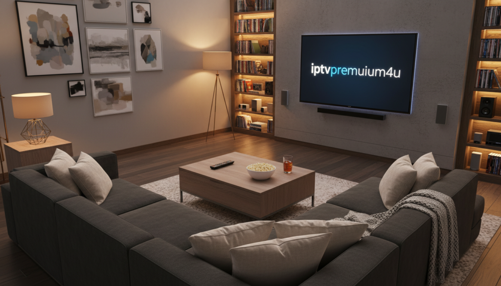 A modern, sleek living room setting featuring a large flat-screen TV displaying the logo "iptvpremuim4u" prominently on the screen. In the foreground, a comfortable sectional sofa with plush cushions invites viewers into the scene. A coffee table rests in front, adorned with a remote control and a bowl of popcorn, enhancing a cozy viewing atmosphere. In the middle ground, the ambient lighting is warm and inviting, emanating from stylish lamps, creating a relaxed mood. The background showcases a tastefully decorated space with artwork on the walls and a bookshelf filled with DVDs and tech gadgets. The overall composition emphasizes a premium entertainment experience, showcasing why premium IPTV services are favored over free apps, filled with warmth and sophistication. The angle is a slightly elevated view, giving a sense of immersion into the room.