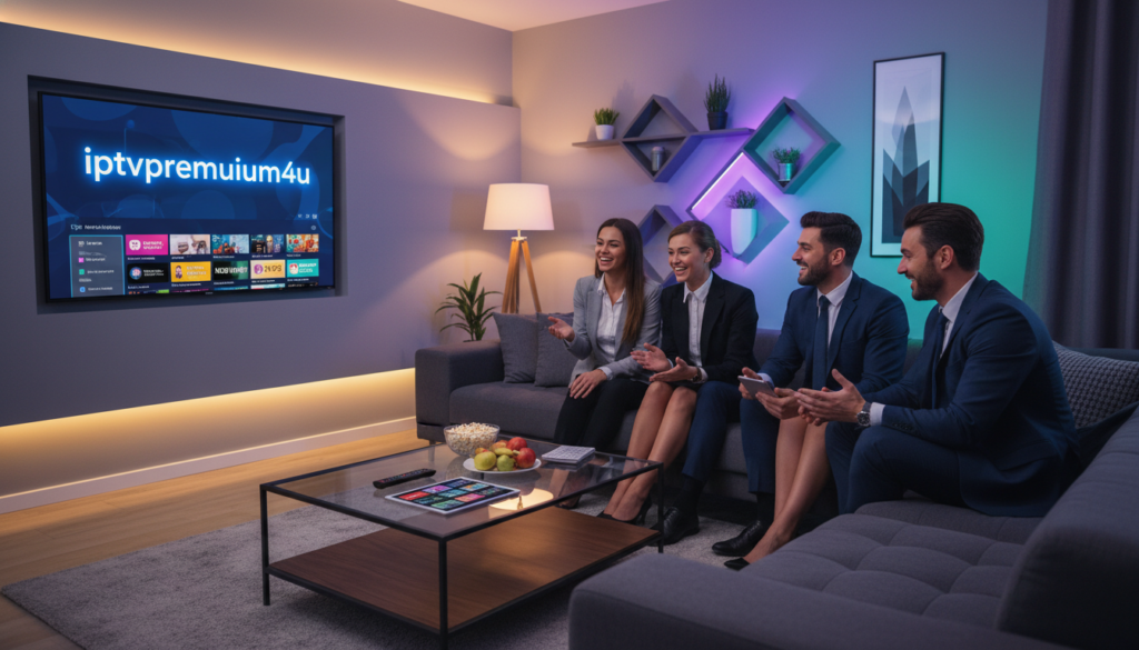 A modern, sleek living room with a large television screen displaying the logo "iptvpremuim4u," showcasing its user-friendly interface. In the foreground, a stylish coffee table with a remote control, snacks, and a tablet featuring IPTV streaming options. The middle ground features an inviting sofa where a diverse group of individuals in professional business attire, engaged and discussing their favorite shows. The background fades into a softly lit ambiance with colorful LED lights, creating a relaxing atmosphere. The scene is captured from a slightly elevated angle, providing a comfortable viewpoint. Warm, ambient lighting enhances the vibrant colors and modern decor, evoking a sense of community and excitement around streaming entertainment.